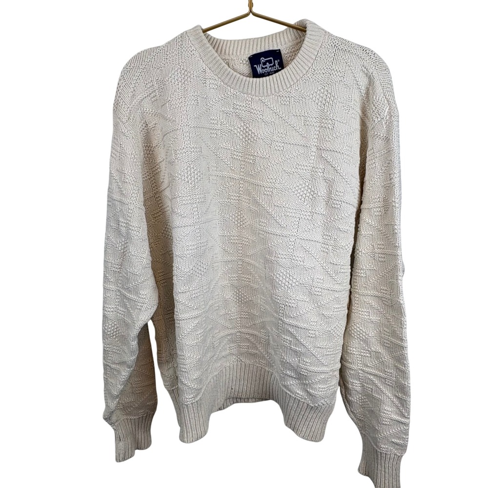 Woolrich Mens Vintage Cream Cotton Textured Geometric Knit Sweater USA Made L